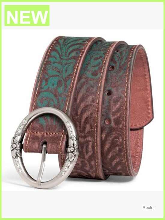 Vintage Western Distressed Embossed Leather Belt with Rhinestone Ring Buckle